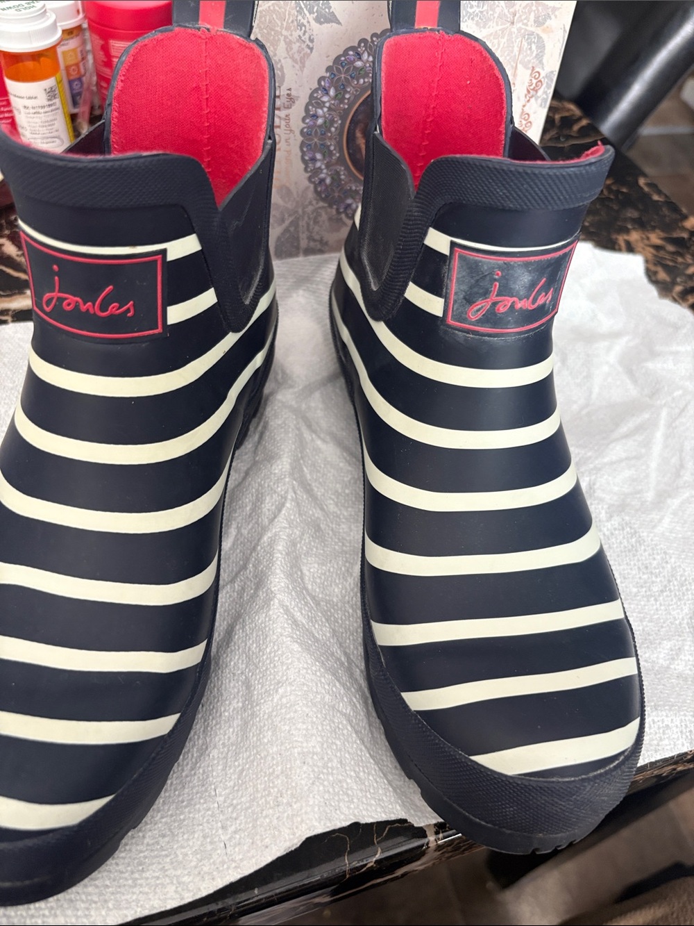 Joules Navy & White Striped Short Rain Boots with Red Lining VGC